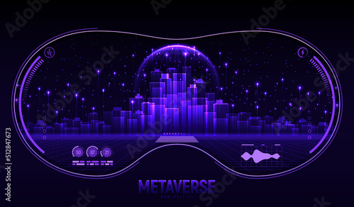 Metaverse city future concept. View from vr glasses on concept of virtual digital reality. Simulation of network futuristic world. Future digital technology metaverse. 3d vector illustration.