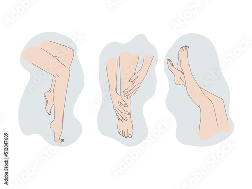 set of graceful female foot, concept of foot care, beautiful female legs for advertising spa treatments