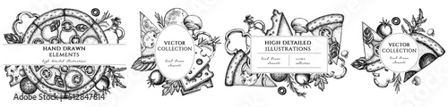 Pizza hand drawn frame templates. Vintage illustrations of greek, margherita, pepperoni, veggie, ham and mushrooms and seafood pizzas.