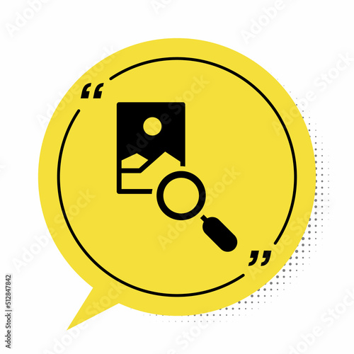 Black Photo retouching icon isolated on white background. Photographer, photography, retouch icon. Yellow speech bubble symbol. Vector