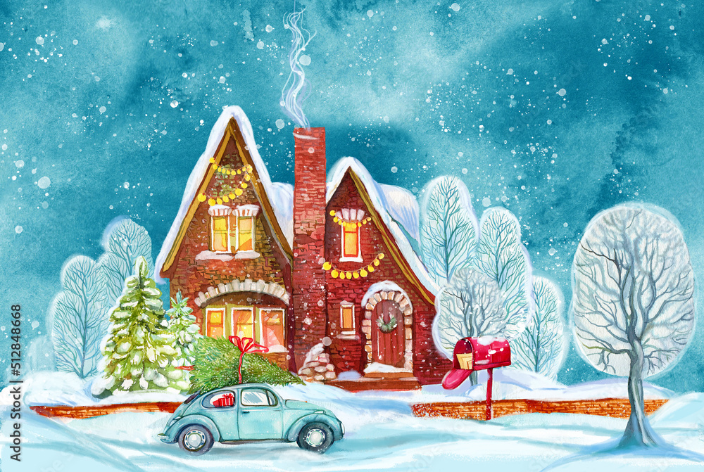 Winter cottage in the forest illustration for Christmas designs and postcards ,watercolor hand painting