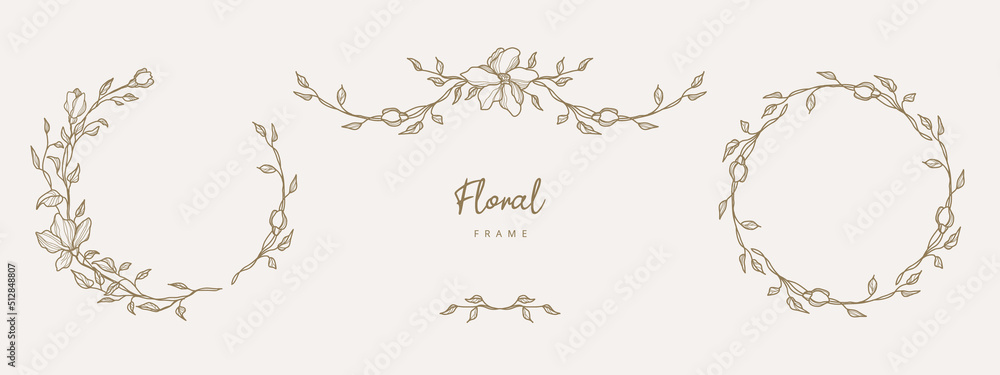 Hand drawn floral frames and divider with flowers and leaves.Elegant logo template.Vector illustration vintage decorative elements for label,branding business identity,wedding invitation,greeting card Hand drawn floral frames and divider with flowers and leaves.Elegant logo template.Vector illustration vintage decorative elements for label,branding business identity,wedding invitation,greeting card