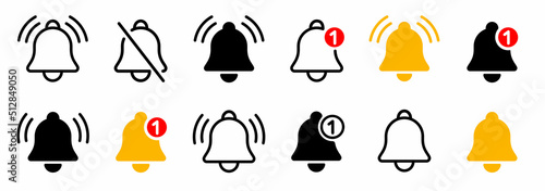 Notification bell icon set. Incoming inbox message. New message notofication icons collection. Ringing bell and notification for clock and smartphone, alarm alert. Vector Illustration