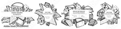 Cheese hand drawn frame templates. Vintage illustrations of brie, gouda cheese, roquefort, etc.