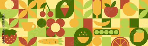 Food - set of geometric shapes, circles and squares drawn in flat cartoon vector. Fruits and vegetables in the modern trendy style of the 70s - apple, orange, lemon, cherry and peas.