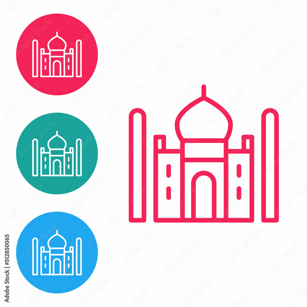 Red line Taj Mahal mausoleum in Agra, Indiaicon isolated on white background. Set icons in circle buttons. Vector Red line Taj Mahal mausoleum in Agra, Indiaicon isolated on white background. Set icons in circle buttons. Vector