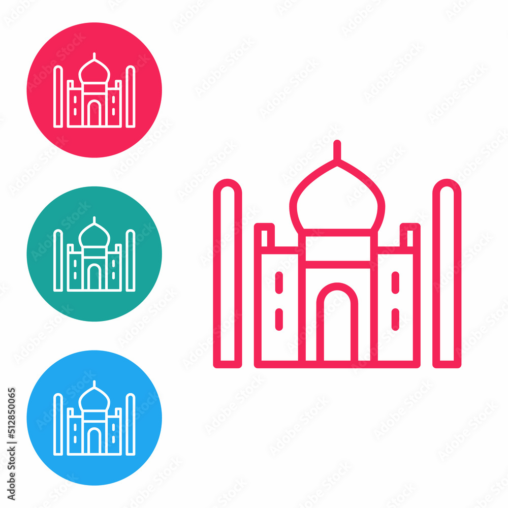 Red line Taj Mahal mausoleum in Agra, Indiaicon isolated on white background. Set icons in circle buttons. Vector