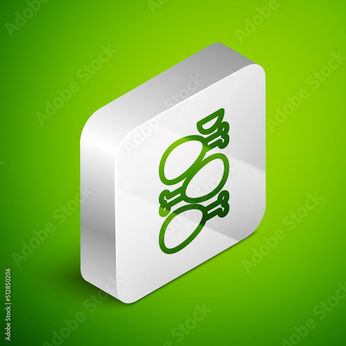 Isometric line Indian traditional food Tandoori chicken icon isolated on green background. Silver square button. Vector