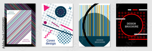 Set of cover design in Memphis style. Geometric design, abstract background. Fashionable bright cover, banner, poster, booklet. Creative colors.
