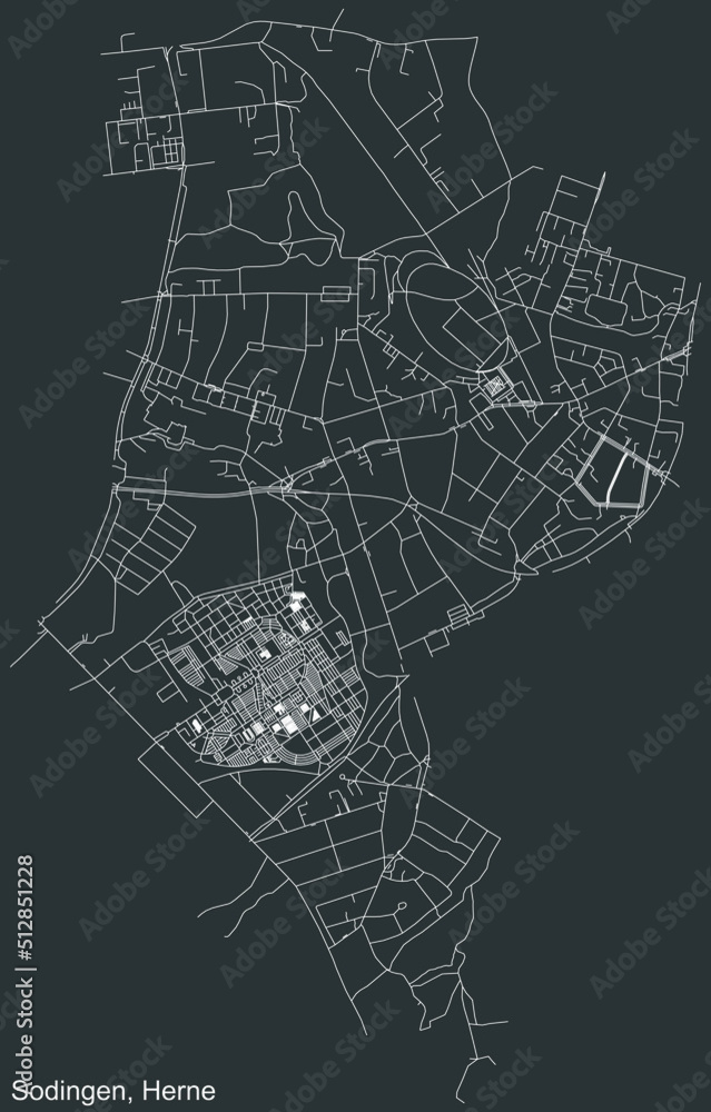 Detailed negative navigation white lines urban street roads map of the SODINGEN DISTRICT of the German regional capital city of Herne, Germany on dark gray background