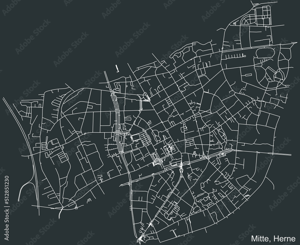 Detailed negative navigation white lines urban street roads map of the HERNE-MITTE DISTRICT of the German regional capital city of Herne, Germany on dark gray background