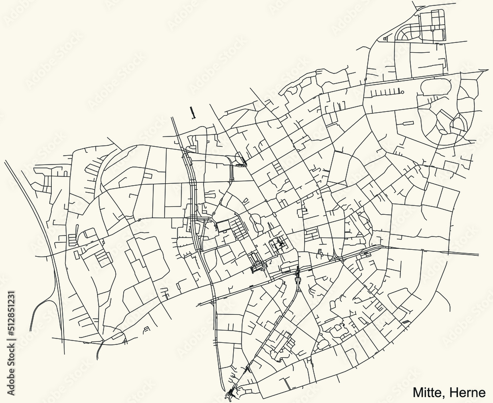 Detailed navigation black lines urban street roads map of the HERNE-MITTE DISTRICT of the German regional capital city of Herne, Germany on vintage beige background
