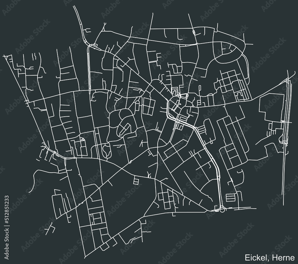 Detailed negative navigation white lines urban street roads map of the EICKEL DISTRICT of the German regional capital city of Herne, Germany on dark gray background
