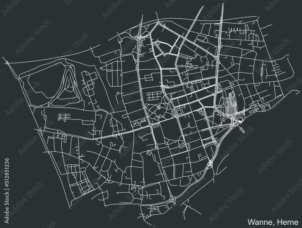 Detailed negative navigation white lines urban street roads map of the WANNE DISTRICT of the German regional capital city of Herne, Germany on dark gray background