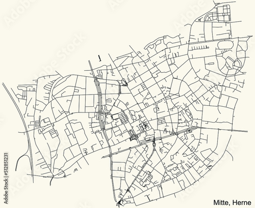 Detailed navigation black lines urban street roads map of the HERNE-MITTE DISTRICT of the German regional capital city of Herne, Germany on vintage beige background