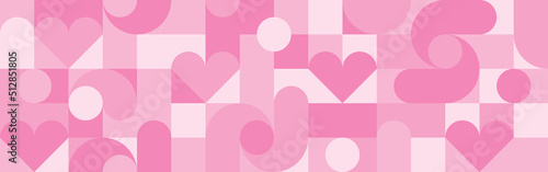 Seamless pink background for Mother's Day card template. Trendy geometric shapes with circles, squares and hearts in retro style for a Valentine's Day or wedding day cover.