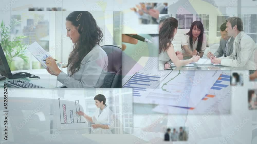 Animation of data processing over diverse business people in office Animation of data processing over diverse business people in office