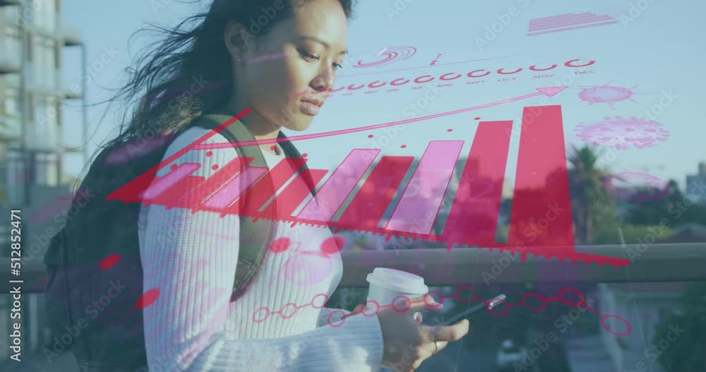 Animation of data processing over biracial woman using smartphone Animation of data processing over biracial woman using smartphone