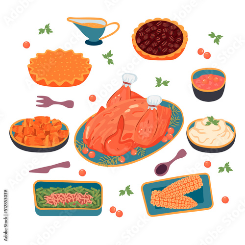 Thanksgiving food set isolated on white. Baked turkey, green bean casserole, candied yam, cranberry sauce, mashed potatoes, pumpkin and pecan pie, corn on the cob.Vector hand drawn illustration.