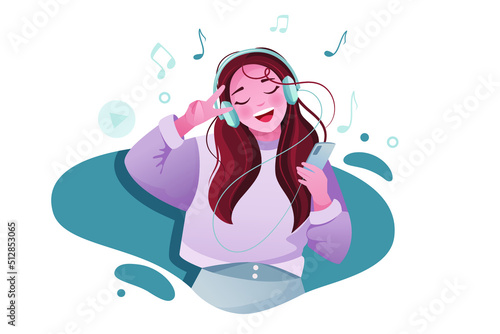 Vector illustration. Happy young woman listening and dancing to music or song with headphone plugged to smartphone or phone. Girl enjoying music.