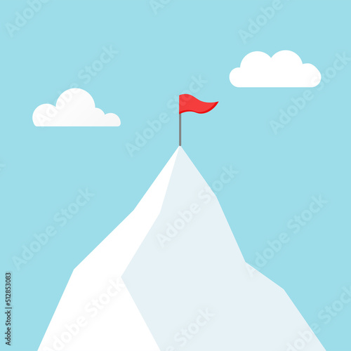 Mountain climbing to peak. Business journey in progress. Red flag symbol of success and goal achievement. Vector illustration in trendy flat style