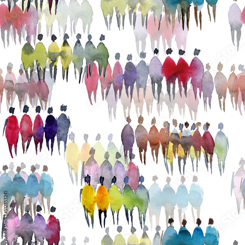 Color blot with watercolor depiction of a group of people. Hand-painted watercolor people, silhouettes of a man and a woman.	