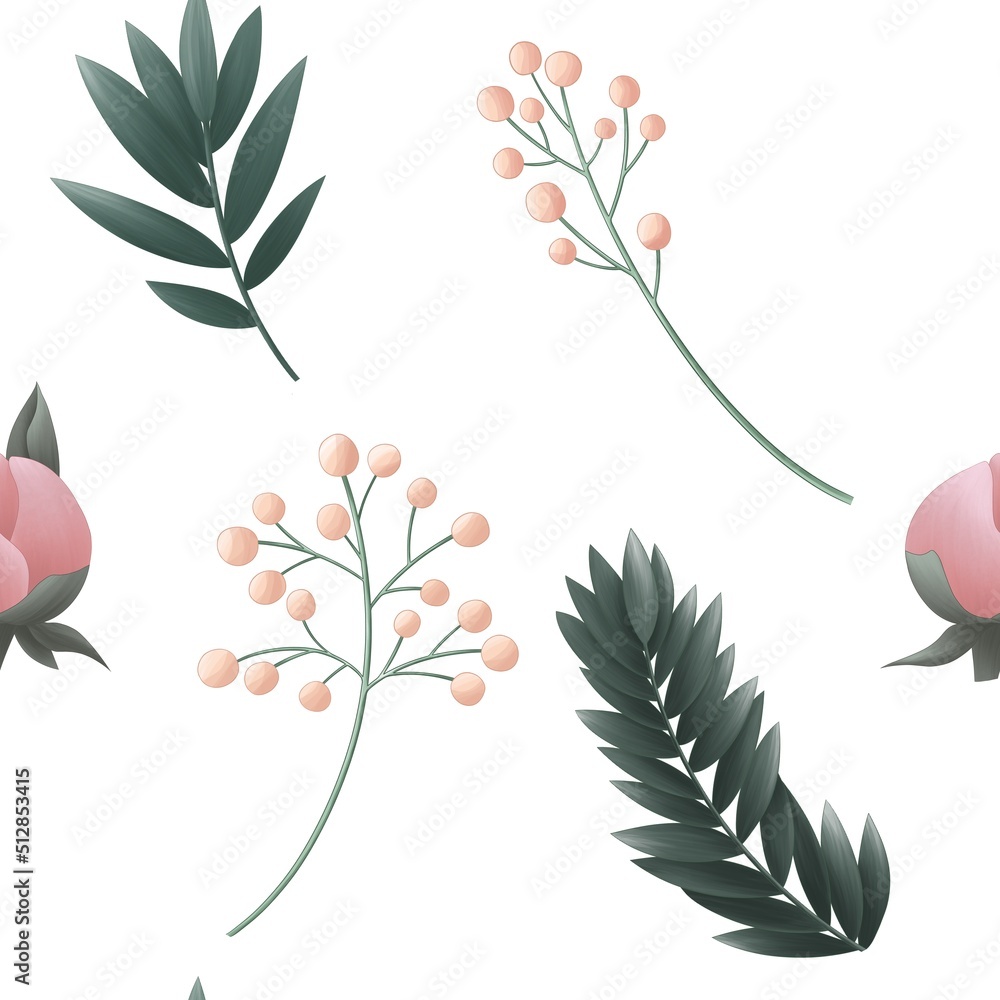 seamless pattern of pink peonies with leaves isolated on white background