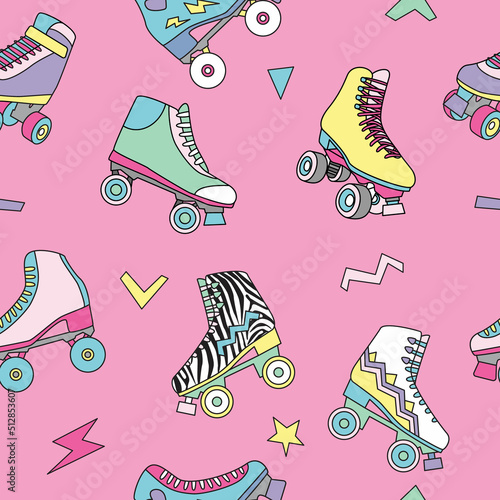 Seamless pattern with cute cartoon roller skates