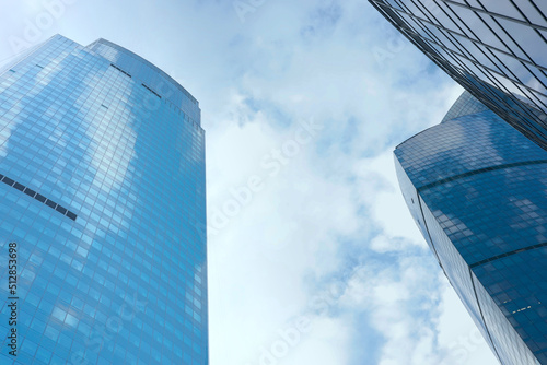 Two skyscrapers. Business center. Bottom view.