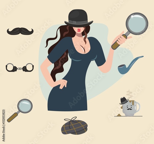 Detective set. Detective female character design with equipment. Icon set elements: lady detective, bowler hat, pipe, coffee cup, handcuffs, magnifying glass, mustache.Vector illustration, retro style
