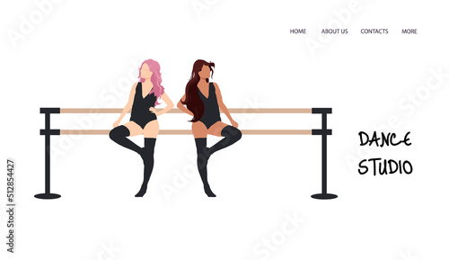 Two woman, dancers with ballet barre. Landing page for dance studio, classes, dance school