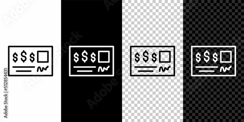 Set line Blank template of the bank check and pen icon isolated on black and white, transparent background. Checkbook cheque page with empty fields to fill. Vector