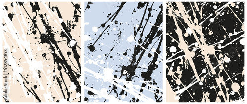Hand Drawn Abstract Irregular Brush Spots Vector Layouts. Simple Dabs and Splashes on a Beige, Blue and Black Background. Cool Backdrop.