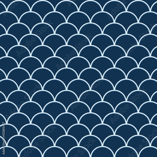 Mermaid fish scale wave japanese luxury pattern. Dark blue background with white line. Japan line pattern.