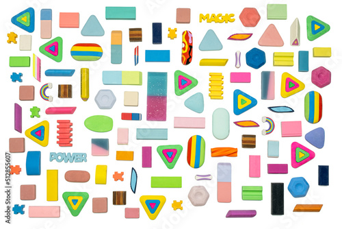various shapes and colors of erasers arranged isolated on white background