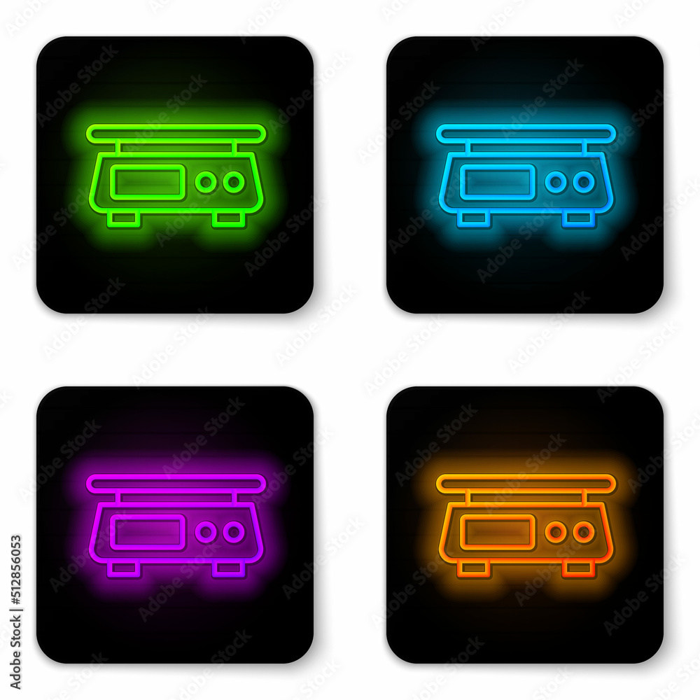Obraz premium Glowing neon line Electronic scales icon isolated on white background. Weight measure equipment. Black square button. Vector