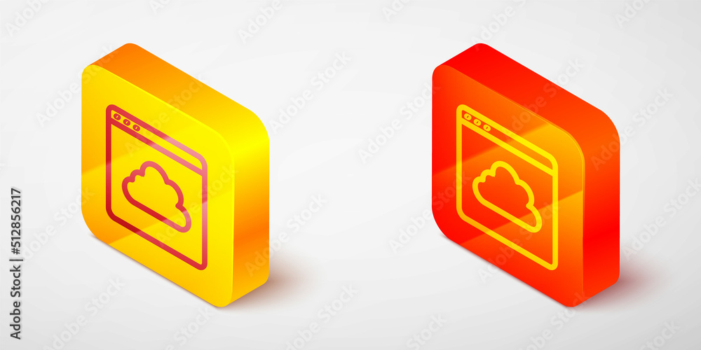 Isometric line Cloud technology data transfer and storage icon isolated on grey background. Yellow and orange square button. Vector Isometric line Cloud technology data transfer and storage icon isolated on grey background. Yellow and orange square button. Vector