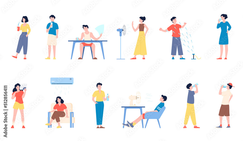 People cooling hot summer. Drinking water, person with fan in heat. Sweating woman man, sitting under air condition. Isolated vector recent characters