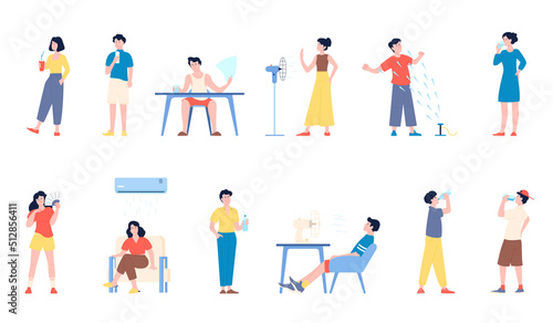 People cooling hot summer. Drinking water, person with fan in heat. Sweating woman man, sitting under air condition. Isolated vector recent characters