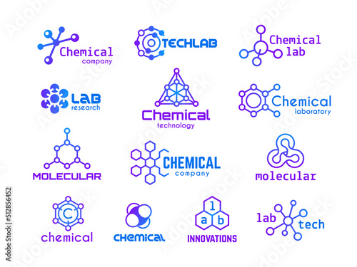 Chemistry badges. Hexagon molecules logo, molecule structure icons for chemical industry. Business innovation technology, biomolecular tidy vector labels