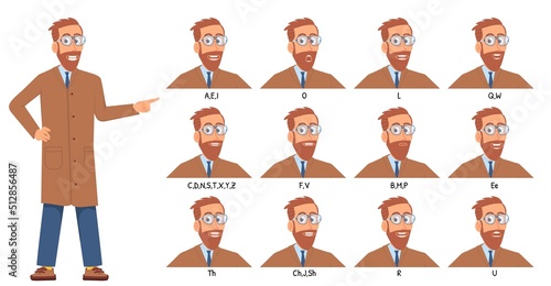 Talk animation. Human mouth articulating, lip movements on male model. Man face talk, business character speaking english pronounce letters, decent vector concept