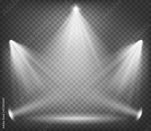 Show lights. Lighting art scene with light spots. Celebration background decorations for award or promo. Exact vector beam effect for winner ceremony