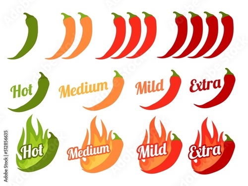 Hot pepper labels. Snack sauce hotness level, chili ketchup or salsa spicy stickers. Mild medium high taste index for chips or burger topping, neat vector set