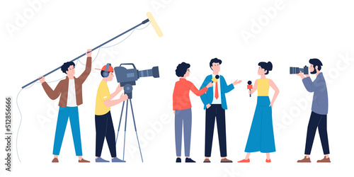 Journalists interview with business man with cameraman and photographers. Tv show, mass media news or blogging, modern video report recent vector scene