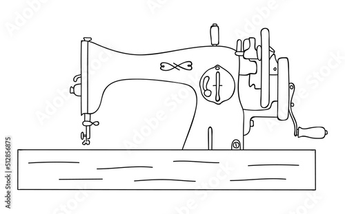 Sketch of old fashion wooden sewing machine. Tailor equipment in hand-drawn line style. Editable contour. Vector