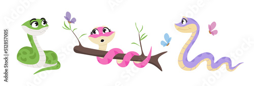Vector illustration of cute and beautiful snakes on white background. Charming characters in different poses twisted and lie down, wrapped around a branch, crawling in cartoon style.
