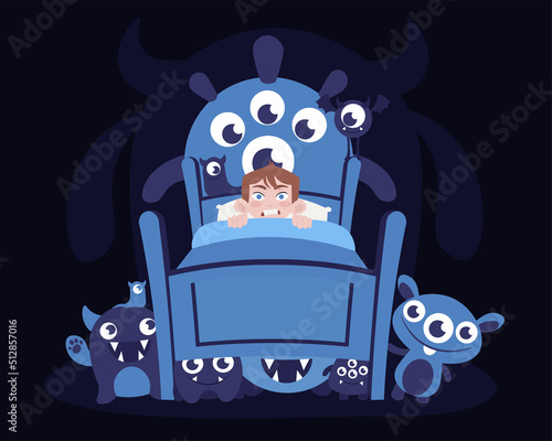 Vector illustration of bed with a boy. Cartoons look at the fear of childhood when you are surrounded by monsters.