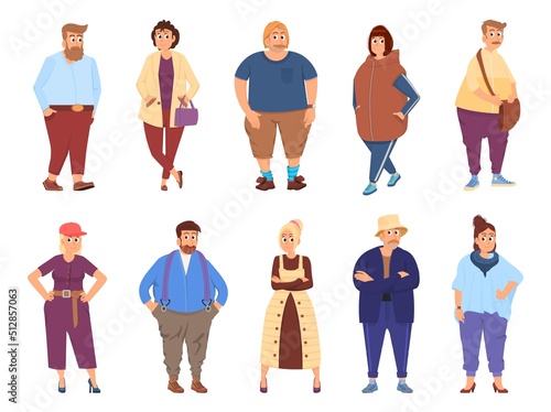 Plus size people. Chubby men and women, fatty group characters wear casual clothes. Happy plump human, body positive decent vector cartoon set