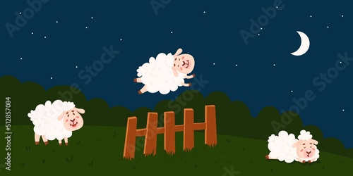 Counting sheep to sleep. Sheeps at night jump over fence. Sleeping wool animal, insomnia treatment. Cartoon meadow at bed time, sleepy classy vector background