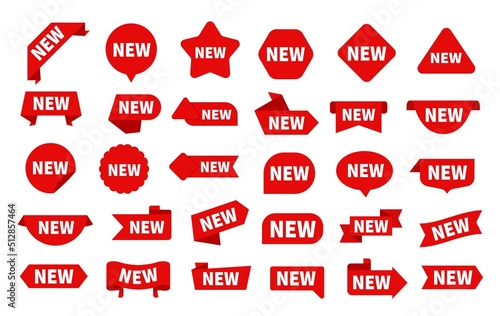 New arrival stickers. Red label shapes for offers, sale tags with text. Flat discount badges and ribbons for discount advertising, promotion exact vector elements